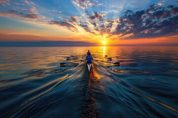 Poster - A person sitting in a boat on a calm body of water