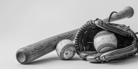 Wall Mural - A black and white photo of a baseball glove, bat, and ball