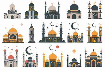 Wall Mural - set vector illustration of islamic style mosque and crescent isolated on white background.