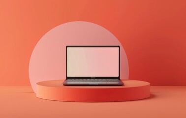 Poster - Laptop and geometric objects mockup background in modern minimal style. 3D render of notebook in pastel colors. Technology gadget concept.