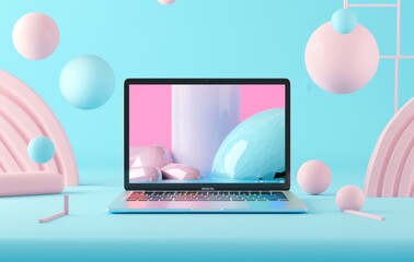 Fototapete - This mockup background shows a laptop and geometric objects in a modern minimal style. This is a 3D render of a notebook in pastel colors. This is a concept concerning technology gadgets.