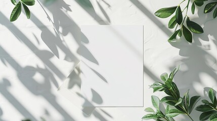 elegant wedding invitation mockup with blank card envelope and green leaves on white table top view
