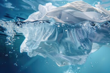 Poster - A plastic bag is seen floating on the surface of calm water, with ripples and reflections creating a serene atmosphere