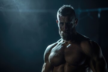 Poster - A portrait of a man without a shirt showing his beard and facial hair