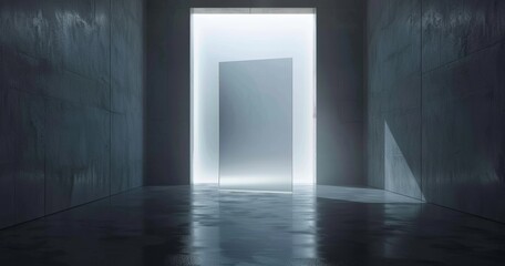 Poster - 3D Rendering Of A Sci Fi Futuristic Lighted Big Glass In Concrete Room With Reflective Ceiling And Floor In A Dark Billboard Concept