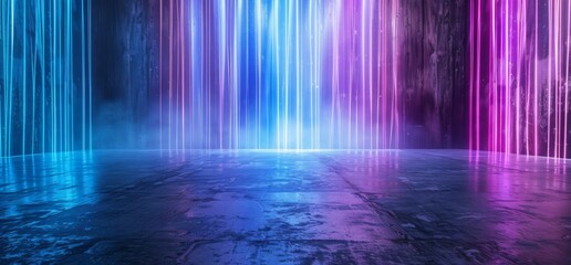 Poster - the 3d rendering of futuristic sci-fi neon light shapes on black background with reflective concrete