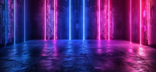 Poster - An abstract 3D rendering of futuristic sci-fi neon light shapes on a black background with reflective concrete and empty space for text