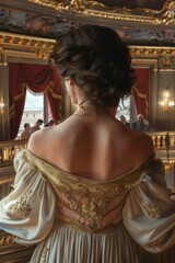 Poster - A woman wearing a fancy dress and high heels from a rear view perspective, suitable for use in fashion or lifestyle contexts