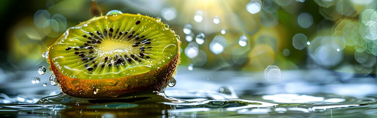 A macro shot of a spoon piercing through a wobbly green kiwi jelly, revealing its juicy core bokeh in the background
