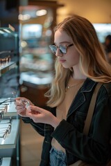 Poster - A woman examines a pair of glasses in a retail store