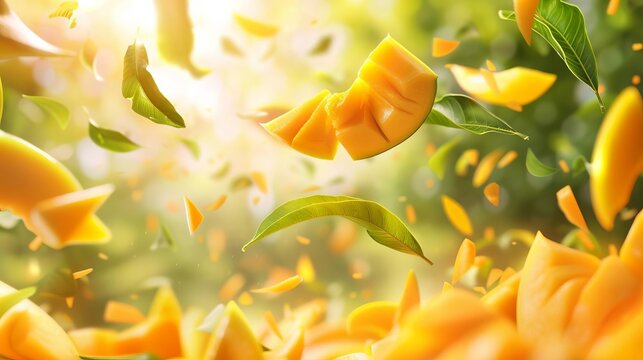 fresh mango slices falling in the air with green leaves healthy fruit