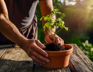 Close-up of two hands soiled with soil while repotting a seedling in a pot. Concept of gardening, care, growth, protection.