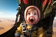 A Baby Wearing A Pink Helmet And Yellow Jacket Is Sitting In A Parachute Harness. The Baby's Mouth Is Open In Surprise, And Its Eyes Are Wide Open. The Background Is A Desert Landscape.