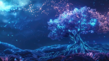 Tree with luminescent leaves and tech-inspired roots, set in a graphic environment, showcasing modern nature