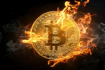 Poster - An illustration of a golden bitcoin coin flying in a flame of fire. The bitcoin symbol is isolated on a black background with orange highlights.
