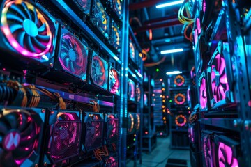 Poster - A design element with 3D illustrations. A rendering of a dark bitcoin cryptocurrency mining farm with dark colors on a 3D background.
