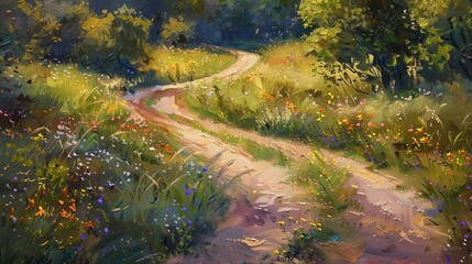 Poster - idyllic winding dirt road meandering through a vibrant wildflower meadow landscape oil painting