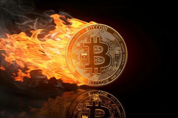 Poster - Fire flames around a golden bitcoin coin. Bitcoin symbol isolated on black background.