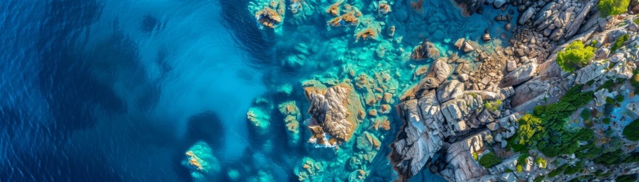 A breathtaking aerial view of a stunning rocky coastline with crystal clear turquoise waters  