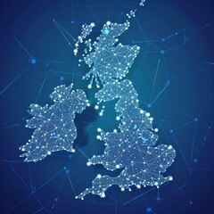 Poster - An United Kingdom polygon map with a blockchain technology peer-to-peer network on a futuristic hud background. This banner concept is ideal for network, e-commerce, bitcoin trade, and cryptocurrency