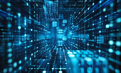 Poster - An abstract concept of a blockchain network. Fintech technology, global data transmission, and global protection. 3D illustration on a technological background.