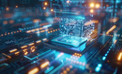 Poster - Future CPU. Quantum processor in computer network. 3D illustration of cyberspace.