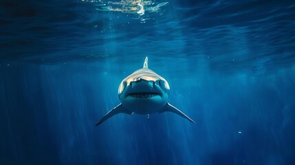 Wall Mural - menacing shark swimming in deep blue ocean waters underwater photography