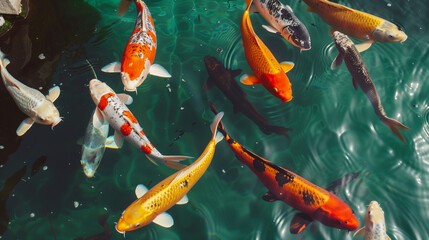 A group of colorful koi fish swimming in clear water, showcasing their vibrant patterns and colors.