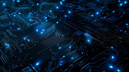 Poster - The image is made up of 3D renderings of abstract blue glowing circuit boards with blank copy space at the center that can be utilized for text, logos, or products. Is recommended for Artificial