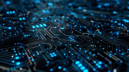 Poster - Detailed rendering of acrylic blue glowing circuit board background with copy space in the center for your text, logo, or products. Ideal for Artificial Intelligence, Technology, or Cryptocurrency