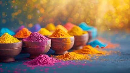  Colorful powders in dishes on a table with a vibrant background.