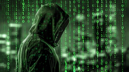 Poster - Man hacker in a green sports coat with a hooded jacket on his head with a binary code background in green