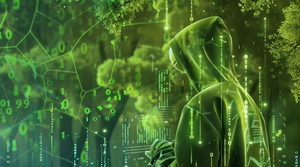Poster - Man, hacker in a green sports coat with a hood on his head on a green background with a binary code, Hacker in a hooded jacket standing against a backdrop of digital data code