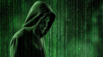 Poster - Hacker in a dark hooded jacket surrounded binary code background, green color theme