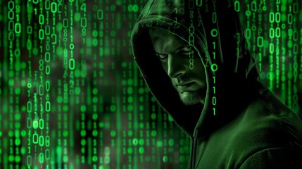 Poster - Hacker in a dark hooded jacket surrounded binary code background, green color theme