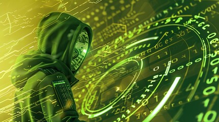 Poster - Hacker in hood with binary code background, green color theme, representing cyber security and cybercrime.