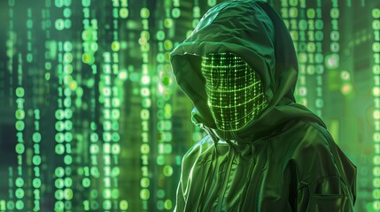 Poster - Hacker in a dark hooded jacket surrounded by glowing green binary code with cinematic lighting and shadows, with a green color theme