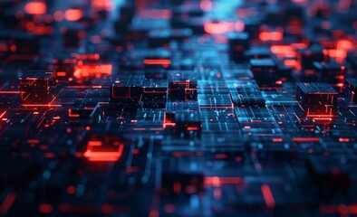 Poster - Detailed representation of a blockchain, high-tech background, and clusters of information. A concept of digital cyberspace based on bigdata. 3D Illustration of a quantum architecture.