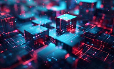 Poster - Information clusters and blockchain concepts. Big data concept of digital cyberspace. Illustration of quantum architecture in 3D.