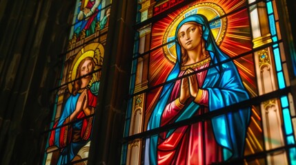 Wall Mural - Colorful stained glass window with the image of the Virgin Mary.