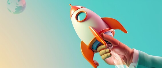 Poster - An animated 3D hand holding a bitcoin rocket taking off.
