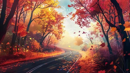 Poster - serene autumn road through vibrant forest colorful foliage ai generated illustration