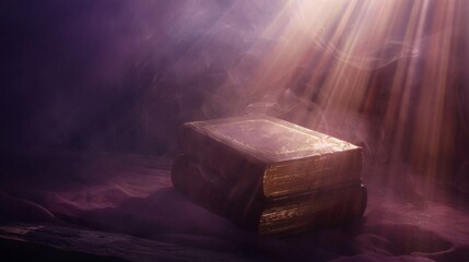 Wall Mural - The Bible on a dark background with rays of light.