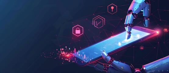 Poster - An anti-phishing company, a cybercrime internet scam business, a privacy protection platform, a safety icon, a security platform that is a 3D AI robot, a computer virus attack defense, an identity