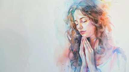 Wall Mural - Watercolor image of a young beautiful praying woman on a white background.