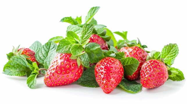 ripe strawberries and fresh mint isolated on white background. fresh fruit healthy food conecpt
