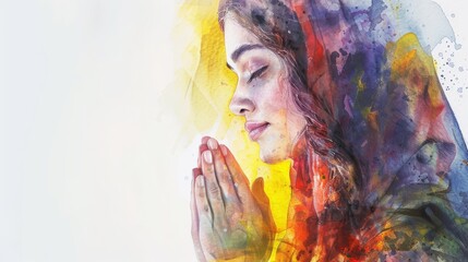 Wall Mural - Watercolor image of a young beautiful praying woman on a white background.