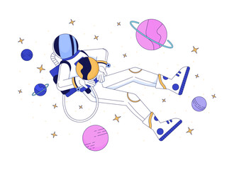 Poster - Astronaut in outer space line cartoon flat illustration. Person wearing protective costume in cosmos 2D lineart character isolated on white background. Lo fi theme scene vector color image