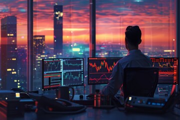 Poster - Multi-screen trader with charts and statistics showing stock, crypto or forex markets.