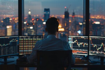 Poster - Charts and statistics are displayed behind multiple screens as the trader analyzes and trades the financial markets, whether it is stocks, crypto, or forex.